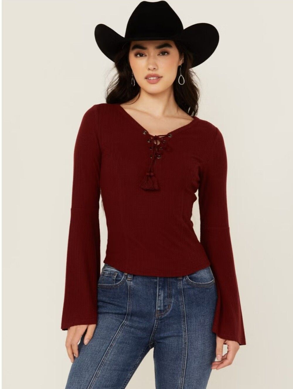 Shyanne Womens Burgundy Red Lace-Up Ribbed Long Bell Sleeve Top Size Small